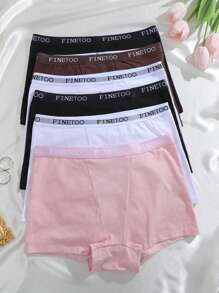 6 Stücke Damen Unterhosen mit Buchstaben-Bund-Design, unifarbene bequeme Baumwoll-Sporthöschen