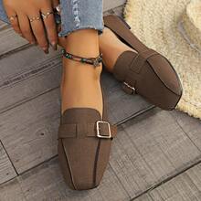 New Spring/Summer Casual Women Square Toe Flat Loafers, Belt Buckle Decor Slip-On Comfortable Plus Size Women Shoes - Brown - View 5