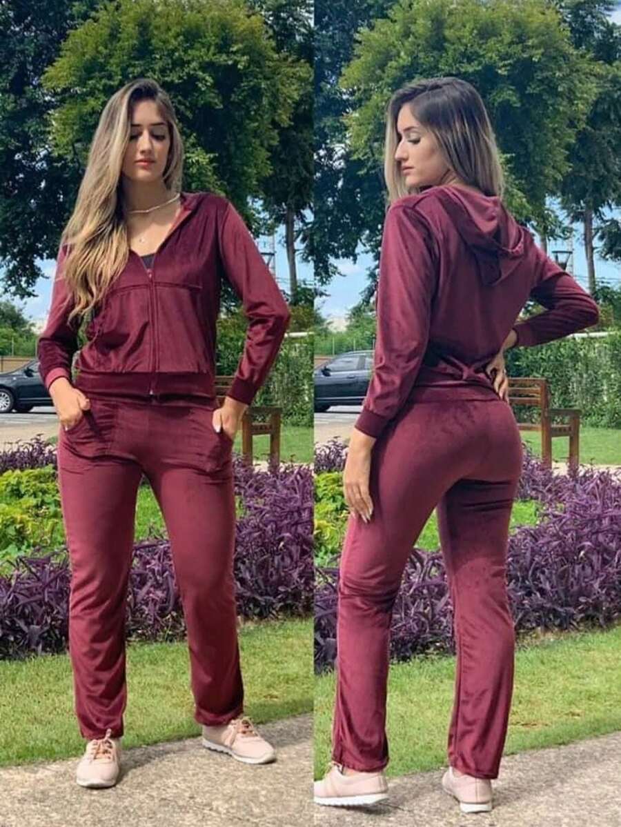 Women's Velvety Plush Set Sweatshirt Set Blouse And Pants Cold Winter - Burgundy - View 1