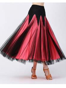 Váy khiêu vũ hiện đại Váy tập khiêu vũ Ballroom Váy khiêu vũ Latin có lưới vá màu đen và đỏ Váy xòe chuyển màu - Váy midi cạp cao - Hồng - Xem 2