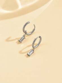 1 Pair Fashionable Cubic Zirconia Embellished Stainless Steel Square Pendant Earrings For Women, Minimalist Everyday Wear