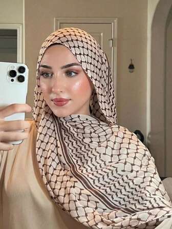 Hiyab de gasa premium con estampado geométrico en blanco y negro - Cobertor de cabeza versátil de 1 pieza para mujeres, de largo extendido para uso casual en todas las estaciones