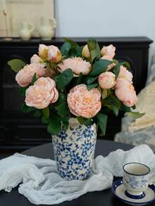 1 pièce Bouquet de fleurs artificielles de style vintage, pivoines, roses. Décoration de maison, fleurs factices - multicolore - Voir 5