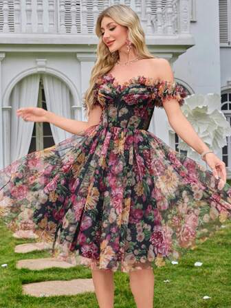 优雅浪漫手工花卉装饰露肩网眼花卉派对舞会礼服，适合女士、婚礼宾客礼服、舞会礼服