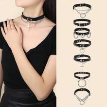 1pc Women's Double Chain Heart Pendant, Pin Buckle Double Ring Choker, Round Ring + Chain Spike, Chain Heart Pendant, Chain Cross Pendant, Large Round Ring Pendant, Double Chain Round Ring Pendant, Pin Buckle Double Ring Choker, Boho Fashion Punk Adjustable Collar Choker