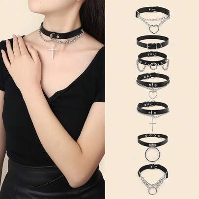 1 st. hjärthänge med dubbel kedja för kvinnor, choker med nålspänne och dubbel ring, rund ring + kedjespikar, hjärthänge med kedja, korshänge med kedja, stort runt ringhänge, dubbelt kedja runt ringhänge, choker med nålspänne och dubbel ring, bohemiskt punkigt justerbart halsband med choker