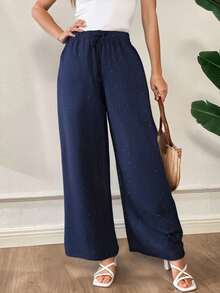 Pantalón de pierna ancha para mujer, diseño sexy, elegante y casual, tela de poliéster, apto para temporadas de primavera y verano, ajuste de cintura natural con resorte y cordón, con pequeña y elegante pedrería artificial y decorativa. Suave, fresco y ligero. - Azul - Ver 1