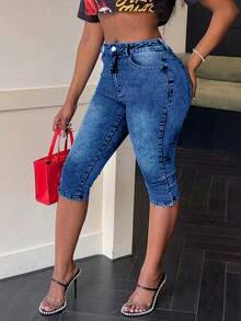 Women's Elastic Skinny Stretch 3/4 Capri Jeans - Medium Wash - View 3