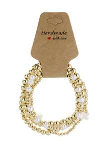 5Pcs/Set Bohemia Golden CCB Beaded Bracelets For Women Artificial Pearls Stackable Stretch Bead Ball Bracelet Cross Jewelry Set Gifts For Woman Teen Girls Valentines Day Jewelry Gifts