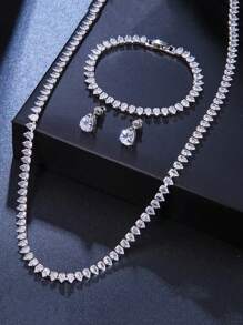 4-Piece Fashionable And Luxurious Cubic Zirconia Banquet Style Wedding Women's Necklace Bracelet Earring Set Jewelry