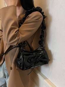 女士褶皱云蝴蝶结马鞍包，时尚优雅可爱单肩包，黑色 - 黑色 - 查看 2