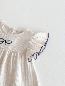 两件套女婴休闲蝴蝶结饰边盖袖上衣和短裤套装，宽松夏季 - 杏色 - 查看 6