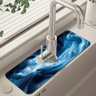 1 pieza Estera de secado de vajilla con estampado floral simple en rojo y dorado, estera a prueba de humedad para grifos, adecuada para cocina y baño, estera absorbente para salpicaduras de grifos de baño, decoración de primavera y verano para cocina y mesa, puede ser un regalo