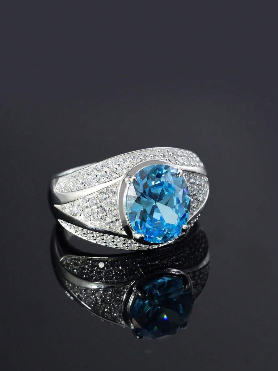 1pc S925 Silver Topaz Ring For Men, Featuring Synthetic Topaz, Luxurious & Elegant, Suitable For Weddings, Banquets, Parties, Father's Day & Mother's Day Gifts - 銀色 - 查看 1