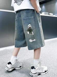 Tween Boys' Summer 2025 New Version Cartoon Print Jeans - Blue - View 4