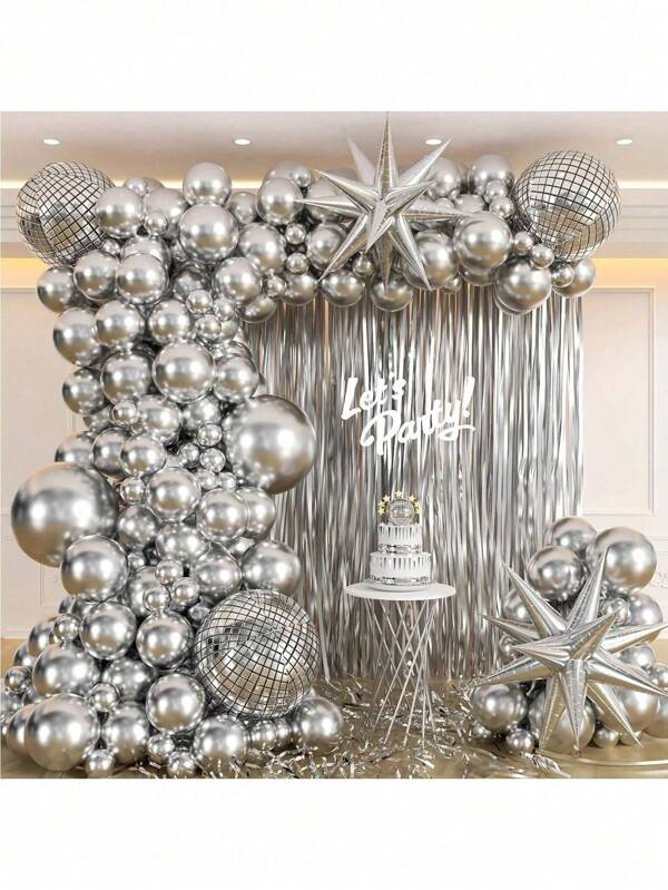 5pcs Disco Ball Foil Balloons, 10/18/22 Inch Metallic Silver Tassel Disco Balloons, Suitable For Parties, Graduations And Birthdays