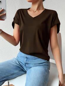 Playera dama mujer basica manga corta cuello V algodon fresca ligera - Verde Oliva - Ver 3