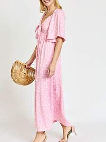 Boho Retro Floral Dot Rayon Mix Casual  Maxi Dress With Angel Sleeve Front Tie Versatile Summer Maxi Long Dress For Women - 粉色 - 查看 2