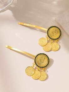 Herseygold 2 peças de grampos de cabelo femininos banhados a ouro, estilo árabe do Oriente Médio, acessório de cabelo para casamento e moeda turca