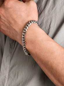 1 Pc Men's Stainless Steel Minimalist Cuban Link Chain Bracelet, Fashion Jewelry Accessory - Silver - View 2