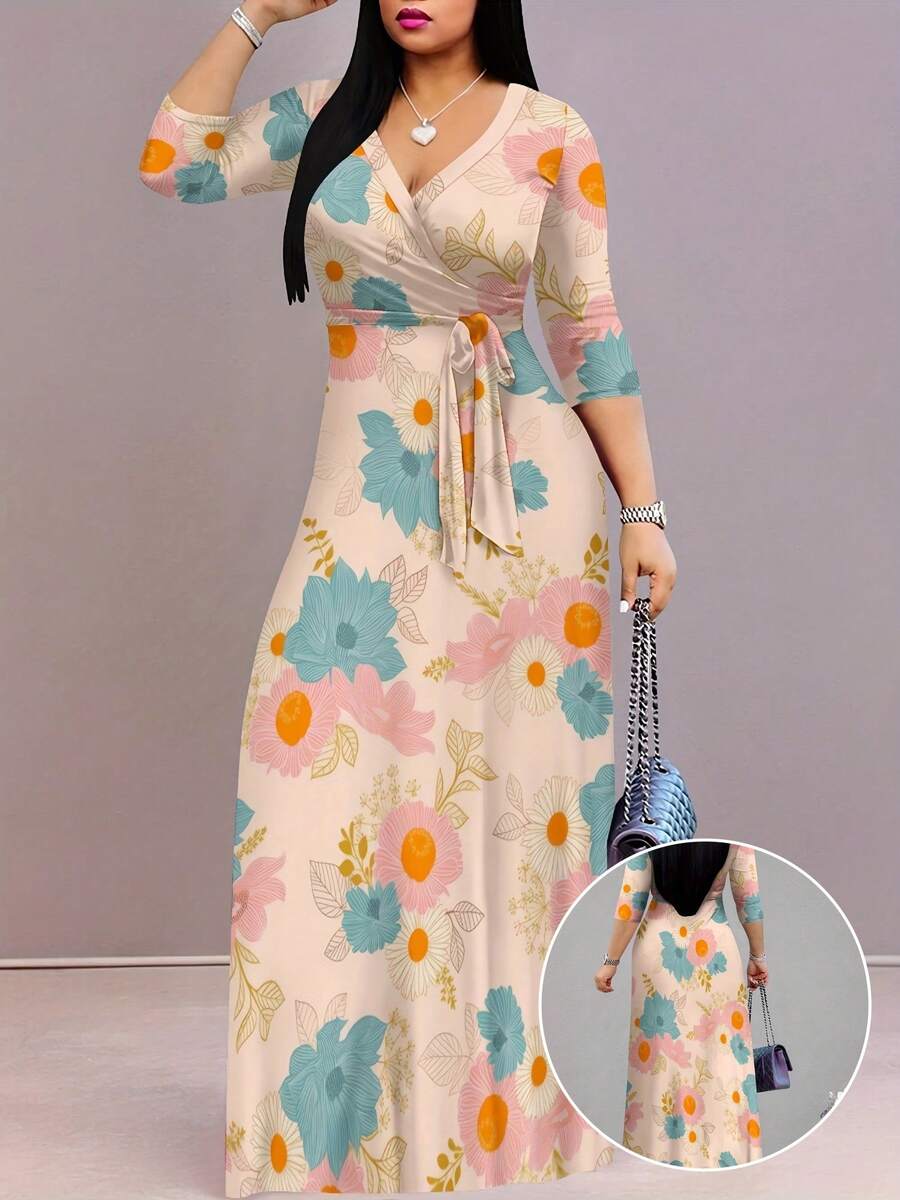 Women's Elegant Floral Print Dress With Drawstring Waist, V-Neck And 3/4 Sleeves - Flowing Spring/Summer Design, Suitable For Casual Or Formal Occasions - Multicolor - View 1