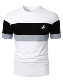 Áo thun nam tay ngắn cổ tròn phối màu tối giản in hình bóng ngựa, dáng ôm, chất liệu nhẹ, thích hợp cho mùa hè. - màu đen - Xem 3