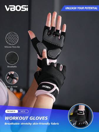 VBOSI 1 Pair Anti-Slip Silicone Unisex Half Finger Breathable Sports Gloves Wrist Support With Adjustable Straps For Deadlift Weightlifting Cycling Gym Accessories, Sport, Gym, Home Exercise, Women's Gym Gloves, Boxing Gloves, Gym Gloves, Gym Gloves, Men's Gym Gloves