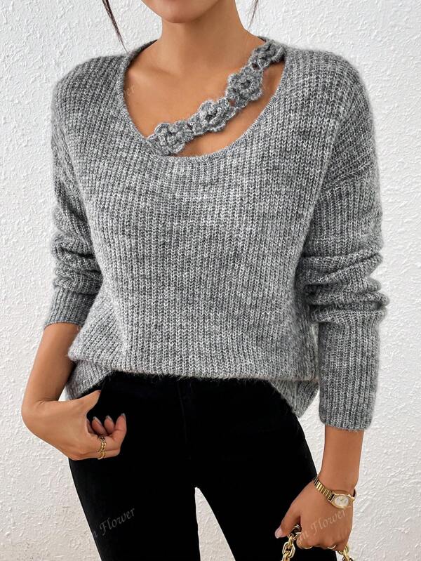 Suéter de cuello redondo calado a ganchillo para mujer, diseño suelto y estiloso con escote descubierto, top versátil apto para otoño/invierno