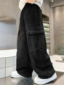 Tween Boys' Casual Loose High Waist Straight Leg Denim Cargo Pants