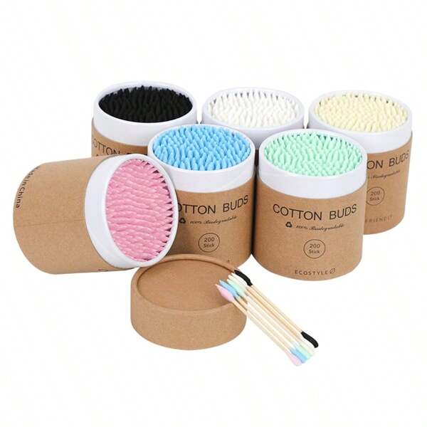 200 piezas/Caja Hisopos de algodón con puntas de papel de colores en ambos extremos, desechables para maquillaje, limpieza de oídos, manicura