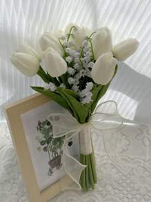 Bridesmaid Artificial Flower Bouquet For Wedding, White Tulip & Calla Lily Floral Arrangement, Bridal Bouquet, Wedding, Ceremony, Anniversary, Fake Flowers Spring Home Decor, Photography Props, Centerpiece, Party Table Decor, Holiday Decoration, Easter Gift, Birthday, Graduation
