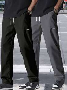 2pcs Men Casual Black & Gray Pants, Slim Fit Design, Urban Streetwear Style Trousers Set