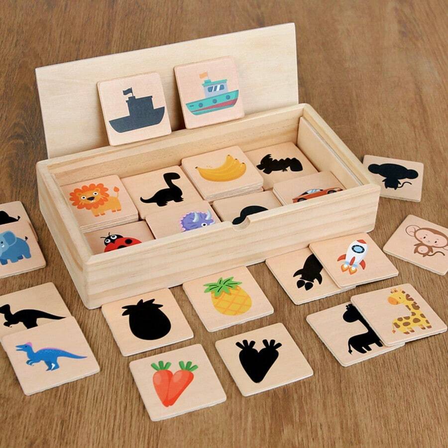 Tablero de Rompecabezas de Emparejamiento de Sombras Educativo Montessori con Tarjetas, Juguete de Emparejamiento de Sombras de Desarrollo Infantil Temprano de Madera - Multicolor - Ver 1