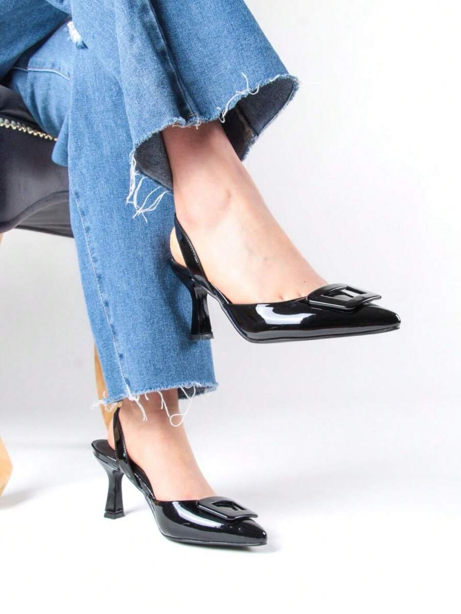 Zapatillas de tacón delgado slingback con detalle de herraje, punta fina elegantes y cómodas para mujer, ideales para fiesta, oficina y uso casual - Negro - Ver 1