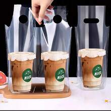50pcs/100pcs/150pcs Transparent Coffee Juice Drink Bags, Portable Takeaway Packaging Bags, Coffee Takeaway Bags, Single Or Double Cup Packaging Bags, Suitable For Food And Beverage Delivery, Portable Takeaway Bags For Coffee Shops And Restaurants - White and Transparent - View 1