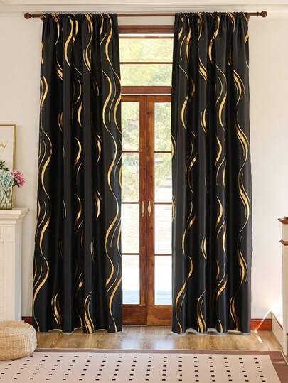 1pc Wavy Golden Retro Elegant Semi-Blackout Curtain, Versatile For Multiple Scenes