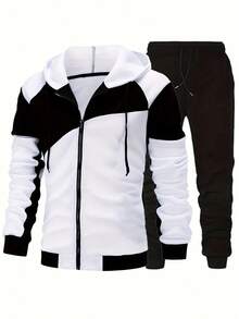 Nuevo conjunto de sudadera con capucha con cremallera para hombres de otoño e invierno, conjunto deportivo casual de sudadera con forro polar - Blanco - Ver 1