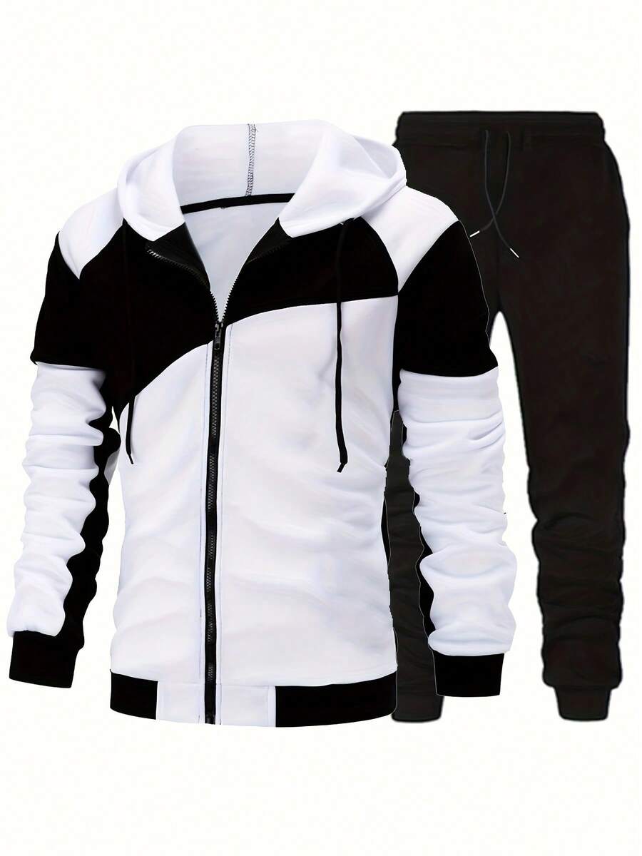 Nuevo conjunto de sudadera con capucha con cremallera para hombres de otoño e invierno, conjunto deportivo casual de sudadera con forro polar - Blanco - Ver 1