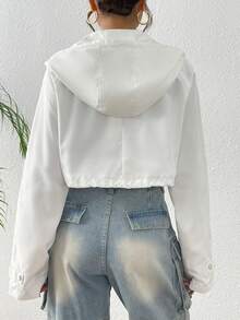 Chaqueta bomber lisa corta con capucha ligera para mujer de moda - Blanco - Ver 5