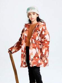 Annil Chaqueta acolchada de media longitud con estampado para niñas, abrigo de invierno para niños