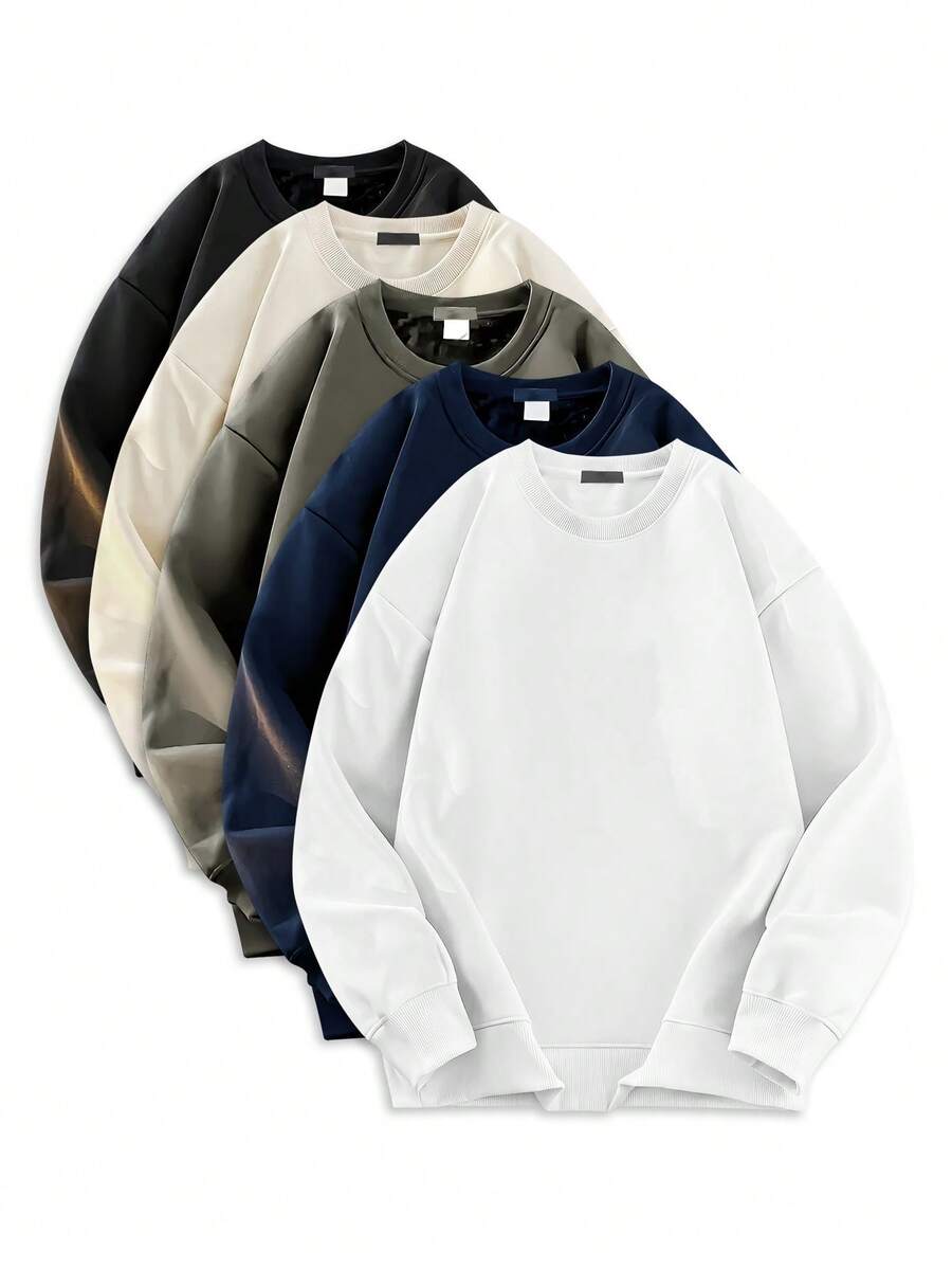 Blueplus Men's Classic Crew Neck Sweatshirt - Autumn Winter Collection - Solid Color - Regular Fit, Long Sleeve Ribbed Pullover For Casual Everyday Wear - 白色 - 查看 1