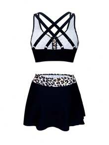 1 Set Women's 3 Pieces Leopard Print Splicing Tie High Waist Ruffled Tankini Bikini, Slimming And Fashion Swimwear - Black - View 4