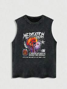 Áo ba lỗ nam cỡ lớn kiểu dáng mới, họa tiết đầu lâu, sao và chữ cái, phong cách Y2K, thời trang đường phố, phù hợp mặc hàng ngày, mùa xuân/hè. - màu đen - Xem 1