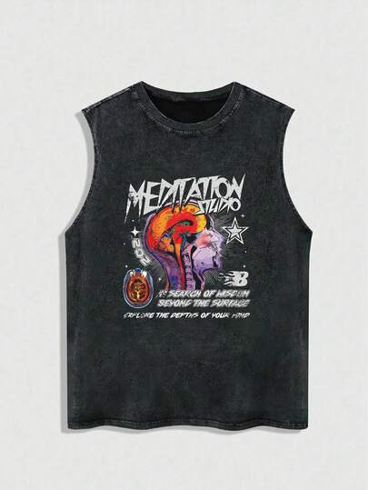 Plus Size Men's New Casual Sleeveless Top, Skull, Star & Letter Print, Y2K Style, Streetwear, Suitable For Everyday Wear, Spring/Summer