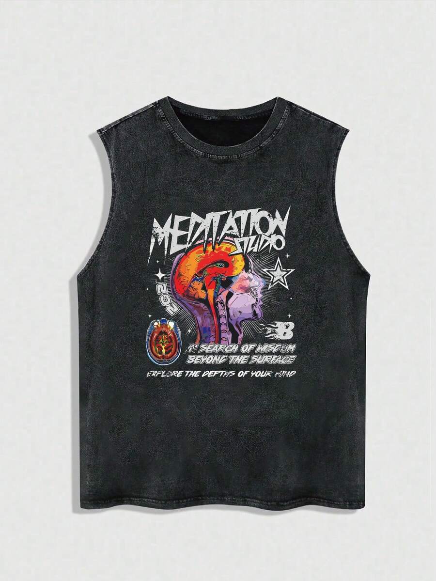 Áo ba lỗ nam cỡ lớn kiểu dáng mới, họa tiết đầu lâu, sao và chữ cái, phong cách Y2K, thời trang đường phố, phù hợp mặc hàng ngày, mùa xuân/hè. - màu đen - Xem 1