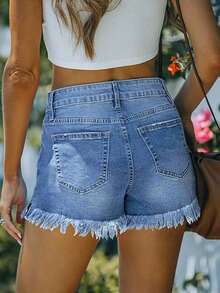 Casual Distressed Frayed Edge Slit Denim Shorts, Suitable For Daily Wear And Travel In Summer - Blue - View 3