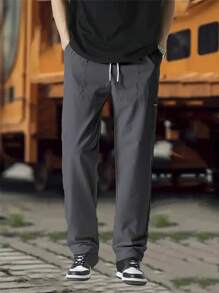 2pcs Men Casual Black & Gray Pants, Slim Fit Design, Urban Streetwear Style Trousers Set