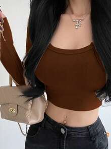 Women's Long Sleeve T-Shirt Ribbed Fabric S M L - Coffee Brown - View 2