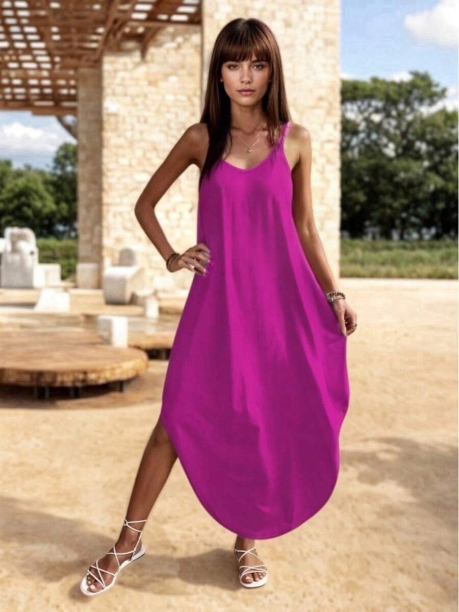 Loose V-Neck Midi Dress With Straps - 玫紅色 - 查看 1
