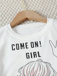 2 Peças Conjunto de Moda Verão Meninas, Camiseta Estampada + Calça Reta de Perna Larga de Cor Sólida